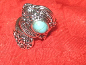 Vintage Antique Style Silver Plated TURQUOISE Spoon Ring SIZES 6-10 ADJUSTABLE - Picture 1 of 3