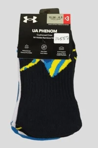 UNDER ARMOUR Boy Sock Crew Phenom Wicking Breathable 3 Pair Shoe Size 13.5K-4.5Y - Picture 1 of 6