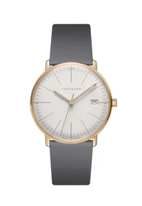 NUEVO Damas JUNGHANS Max Bill Damen Oro PVD Esfera Plateada Correa de Cuero Gris Suave - Imagen 1 de 3