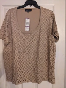 Nuevo con etiquetas - Blusa Jones New York Signature para mujer Plus 2X, frente de encaje beige - Imagen 1 de 7