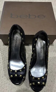 Bebe Platform Heels BNWB Black Lace W Gold Studs - Picture 1 of 4