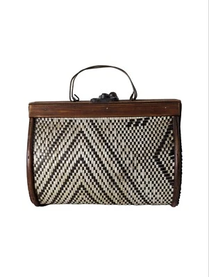 Vintage Woven Black & White Straw Wicker and Wooden Clamshell Purse - Image 1 of 4
