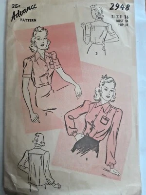 Shirt Blouse Top SHORT SLEEVE ONLY 16 Advance 2948 Sewing Pattern VTG 50s Button - Image 1 of 4