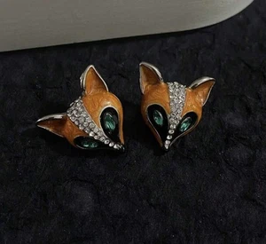 Museum Fox Earrings Art Deco Nouveau Silver CZ Boho VTG Glazed - Picture 1 of 4