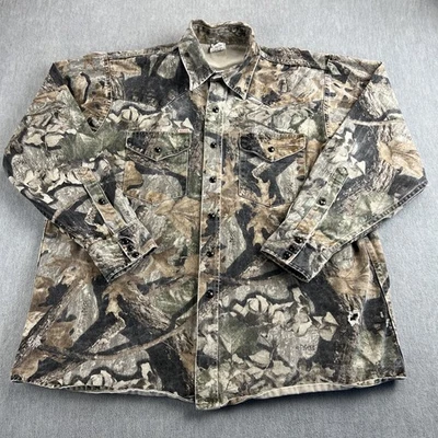 VTG Rasco Camo Shirt Sz. XXL Distressed Brush Popper Style Black Pearl Snaps USA - Image 1 of 4