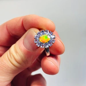 Oval Opal Cluster Tanzanite gemstone Flower Ring 925 Silver ring Size P / 8 - Picture 1 of 6