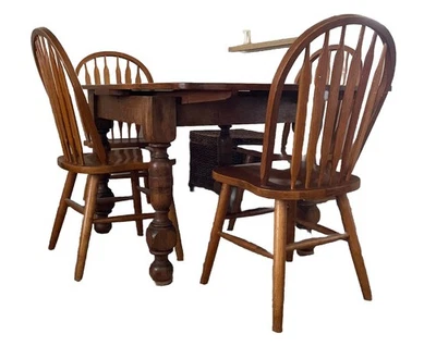 Vintage Solid Oak Dining Rectangle 59.25” Table. 4 Arrowback Chairs. Made Taiwan - Image 1 of 4