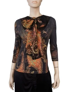 ROBERTO CAVALLI sz M Vintage Paisley Print Modal and Silk Chiffon Pussy Bow Top - Picture 1 of 4