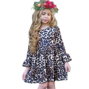 Baby Girls Leopard Flared Sleeves Dress for 2-6 Years Kids Loose Wear Dresses