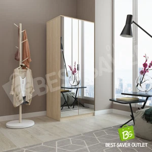 Mirrored Wardrobe Organiser Bedroom Storage Clothes Closet Cabinet 2 Doors Oak - Picture 1 of 11