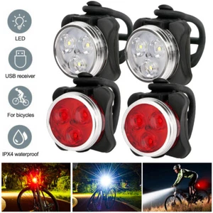 4X USB Rechargeable LED Bicycle Headlight Bike Front Rear Lamp Cycling Light USA - Picture 1 of 11