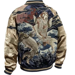 Unused Karakuri Tamashii Koi Carp Sukajan Men's Jacket Reversible Gold Black L - Picture 1 of 9