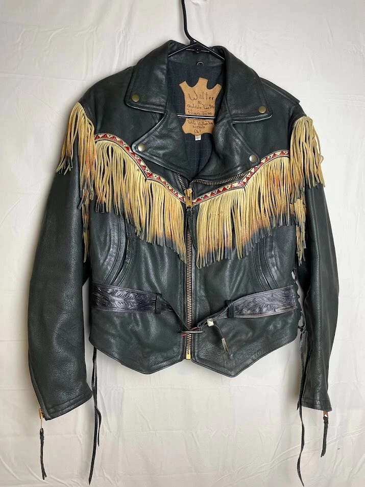 Chaqueta de Motociclista Walter Co Cuero Genuino Sturgis Frisco Grande Negro Tostado Flecos Foto 1 de 4