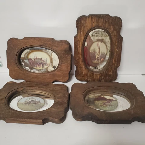 Lot of 4 Pine Wood Reflective Art Mirror The Woodsmen Farmhouse Windmill Buggy Cover