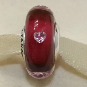 New Authentic Pandora Charm Cerise Heart Glass Murano 791664PCZ W Suede Pouch - Picture 1 of 5