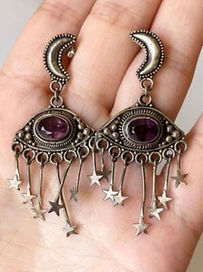 Vintage Ohrringe 925 Sterling Silber natürlicher Amethyst Mond Stern - Bild 1 von 8
