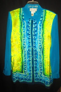 DIANE GILMAN - S- 100% SILK SEQUINED TURQUOISE BUTTON FRONT BLOUSE NWOT - Picture 1 of 4