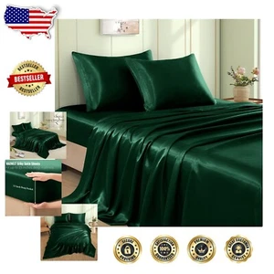 Sumptuous 4pc King Size Satin Sheet Set in Elegant Emerald Green - Silky Comfort - Picture 1 of 9