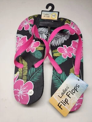 Sandalias de playa para mujer talla mediana M (7/8) negras con flores rosas Foto 1 de 2