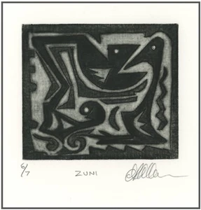 RAIN BIRDS Native American Indian ZUNI TRIBAL DESIGN; Original MEZZOTINT signed - Picture 1 of 1