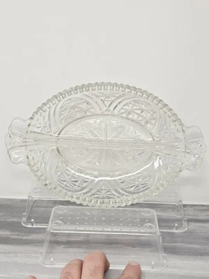 Vtg Anchor Hocking Clear Oval Divided Relish Dish Star Cut Design - Image 1 of 4