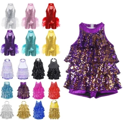UK Girls Shiny Sequins Ballet Dance Leotard Dress Jazz Latin Party Dancewear  - Image 1 of 4