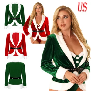 Women's Santa Claus Coat Velvet V Neck Cardigan Tops Belt Christmas Outwear - Picture 1 of 29