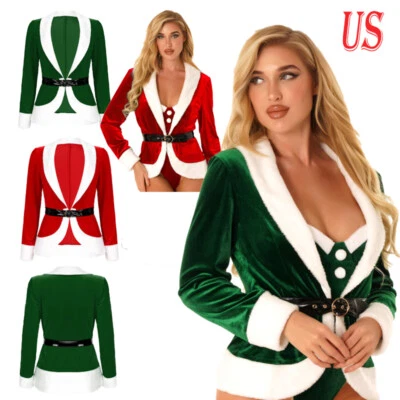 Damen Weihnachtsmann Mantel Samt V-Ausschnitt Cardigan Tops Gürtel Weihnachten Outwear - Bild 1 von 4