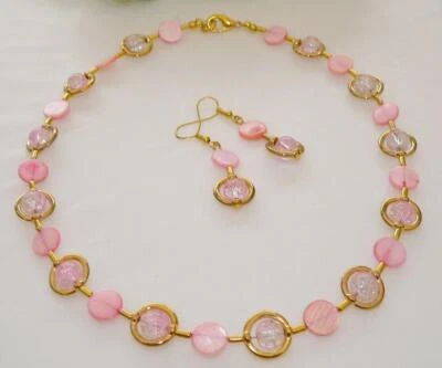 Schmuckset Kette Ohrring Perlmutt Scheibe Glas Perle crash rosa gold 297 - Bild 1 von 4