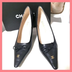 Chanel Pumps Shoes Heels Black Genuine Leather Size 35.5 Used - Picture 1 of 6