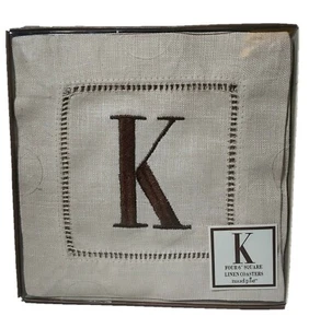 MUD PIE Coasters - Four Beige 6" Square Linen Coasters Letter “K” New In Package - Picture 1 of 6