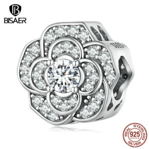 Bisaer Women S925 Sterling Silver Camellia CZ Bead Charms Jewelry Fit Bracelets - Picture 1 of 16
