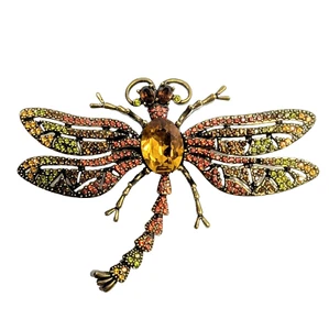 Vintage Heidi Daus Trembling Dragonfly Pin Brooch Amber Swarovski Crystals 3 7/8 - Picture 1 of 6