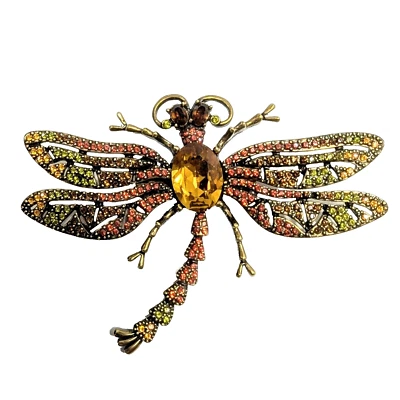 Vintage Heidi Daus Trembling Dragonfly Pin Brooch Amber Swarovski Crystals 3 7/8 - Image 1 of 4