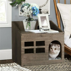 Decorative Pet House Nightstand Wodden Cat Litter Box Enclosure Hidden Washroom - Picture 1 of 12