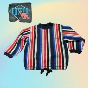 VTG 90's Boys GOTCHA Blue/Red/Gray Striped Pullover Drawstring Sweater Fits 8/10 - Picture 1 of 6