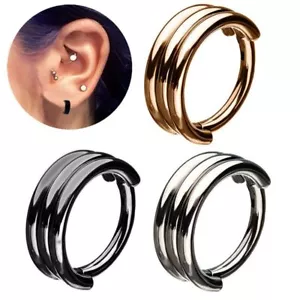 Triple Stack Hoop Surgical Steel Septum Clicker Nose Ear Hinged Tragus Ring - Foto 1 di 12