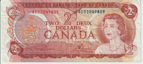 1974 Canada 2 Dollars Banknote - P# 86a - Lawson / Bouey - Fine - # 29727 Cover