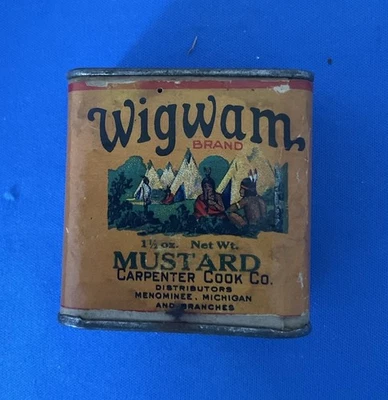 Antique WIGWAM  Mustard Spice Tin Paper Label -MENOMINEE, MI - Image 1 of 4