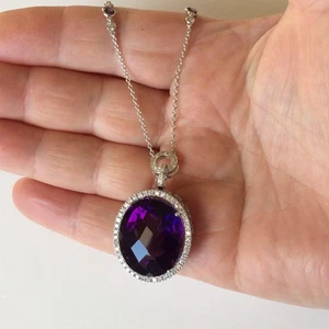 18k white gold necklace | natural amethyst & round white diamonds - Picture 1 of 10