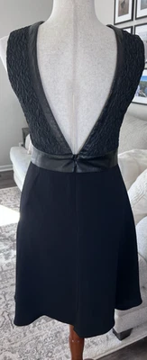 Nicole Miller USA Lamb Leather Crepe Tiered Black Dress Deep V Back Size 6 - Image 1 of 4