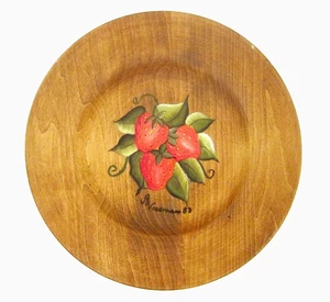Vintage 1983 Handpainted Signed Tole Painted Wooden Plate Strawberries - Picture 1 of 2