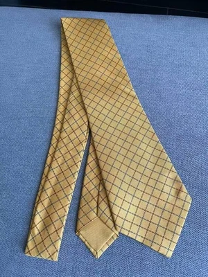 New Unused HERMES Neck Tie Yellow Brown Check 100%Silk Made in France - Image 1 of 3