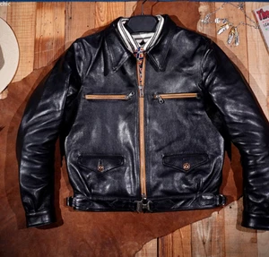 Retro Mens Horsehide Teacore Vegetable Tanned Leather Flight Biker Jacket - Picture 1 of 13