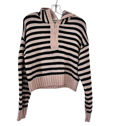 OFF WHITE Felpa con cappuccio mezza zip For Love & Lemons Elyse panna nera a righe maglia manica lunga M