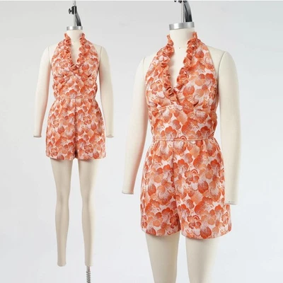 Mameluco Floral Vintage Años 70 Volantes Halter Cuello Mono Boho Hippie Jersey S Foto 1 de 4