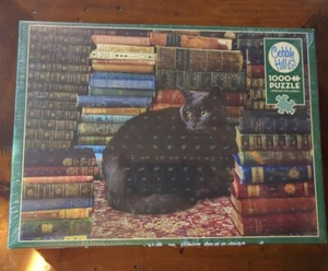 Rompecabezas de gato negro en biblioteca 1000 piezas colina de adoquines sellado con póster - Imagen 1 de 5