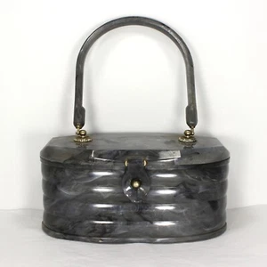Vintage Marbled Silver Lucite Rhinestone Handbag Ribbed *Minor Chip - Picture 1 of 20