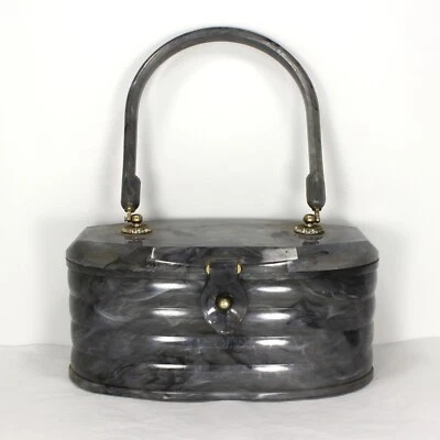 Vintage Marbled Silver Lucite Rhinestone Handbag Ribbed *Minor Chip - Image 1 of 4