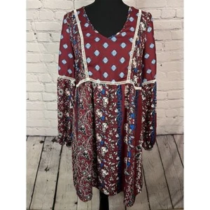 Sequin Hearts V Neck Boho Long Sleeve Dress Sz Small Maroon Floral Cottagecore - Picture 1 of 7